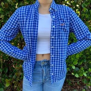 blue and white button up